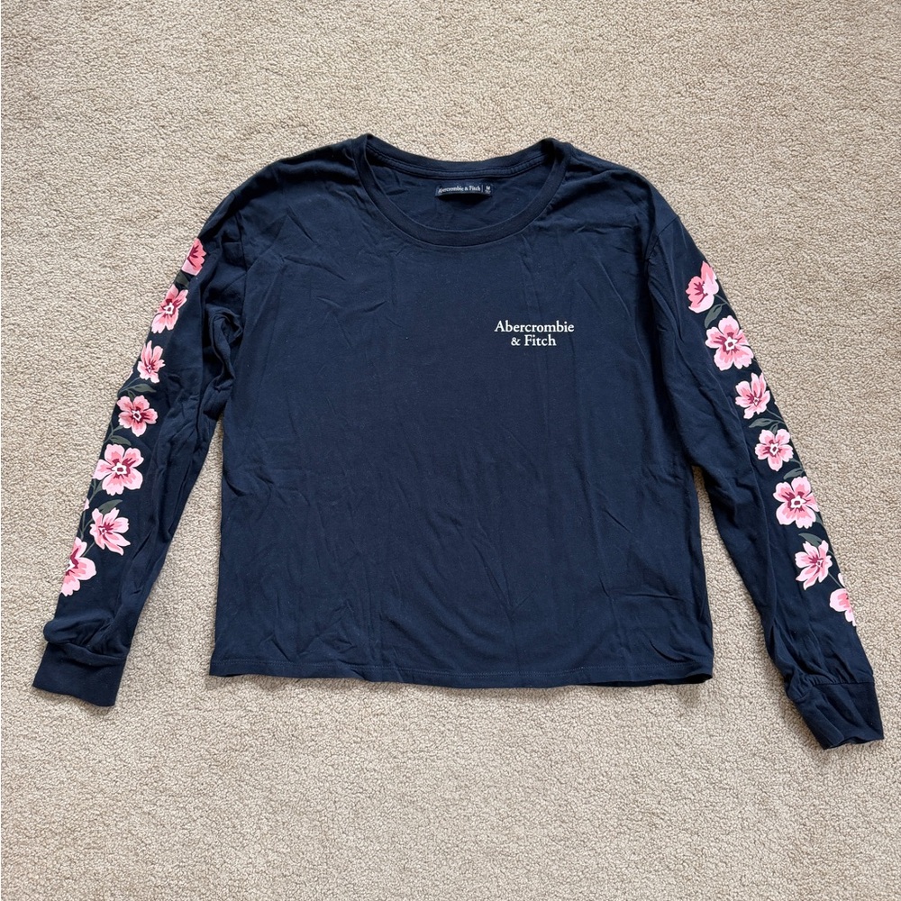 Abercrombie & Fitch Dark Blue Top with Pink Floral Sleeves Size M